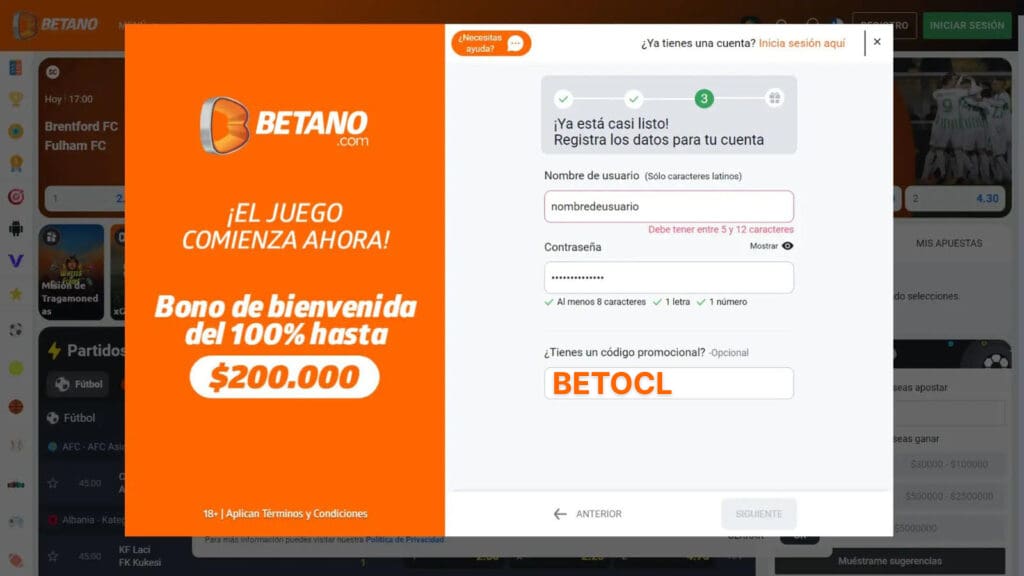 Página con el formulario de registro en Betano.