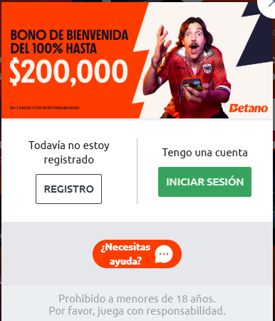 El Betano registro te otorga el 100% de tu primer depósito hasta 200.000 CLP